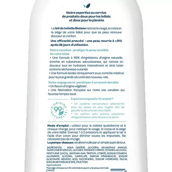 Biolane - Lait de toilette - Bébé - Nettoie Visage, Corps et Siège - 750ml