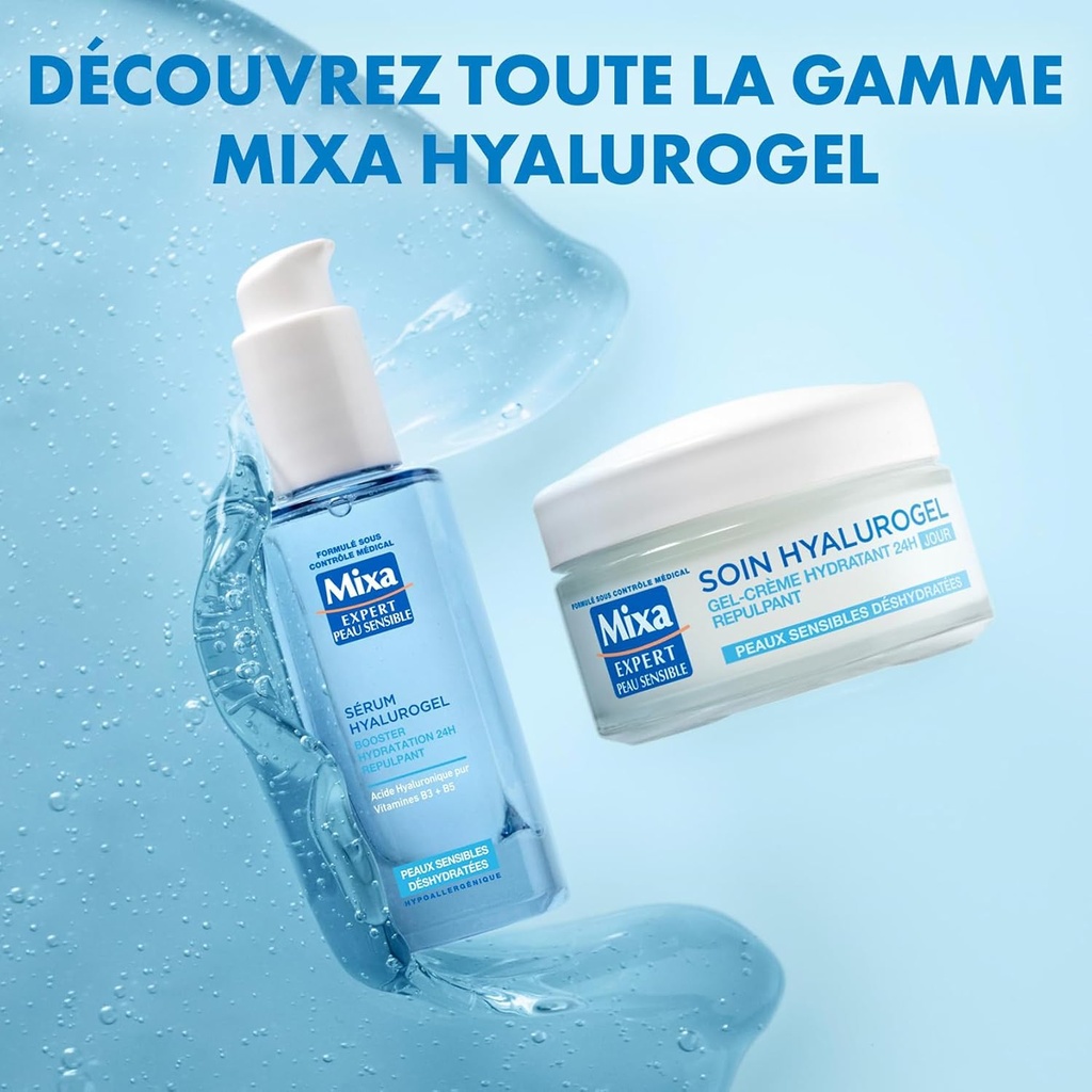 Mixa - Sérum Booster d'Hydratation Hyalurogel - Pour Peaux Sensibles Déshydratées - Hydratant 24h, Repulpant - À l'Acide Hyaluronique Pur, Vitamines B3 + B5 - Hypoallergénique - 30 ml