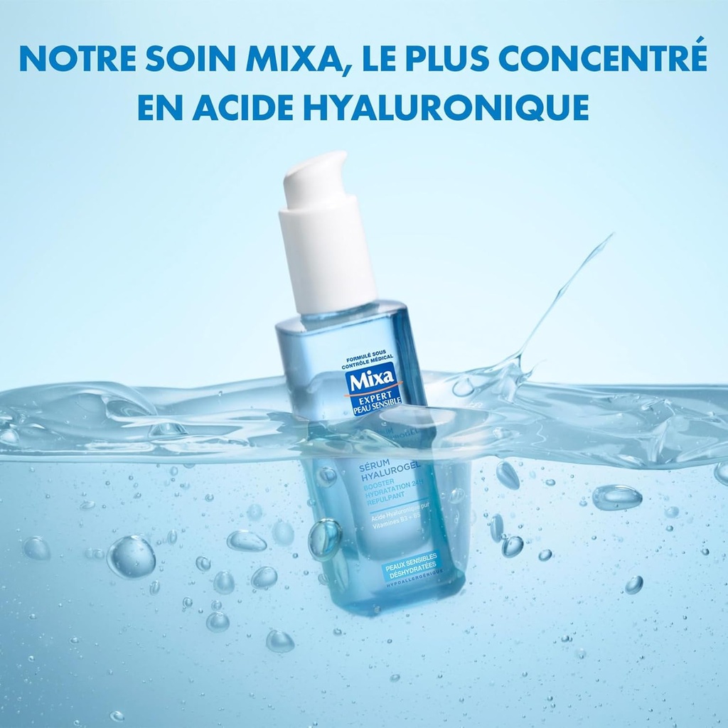 Mixa - Sérum Booster d'Hydratation Hyalurogel - Pour Peaux Sensibles Déshydratées - Hydratant 24h, Repulpant - À l'Acide Hyaluronique Pur, Vitamines B3 + B5 - Hypoallergénique - 30 ml