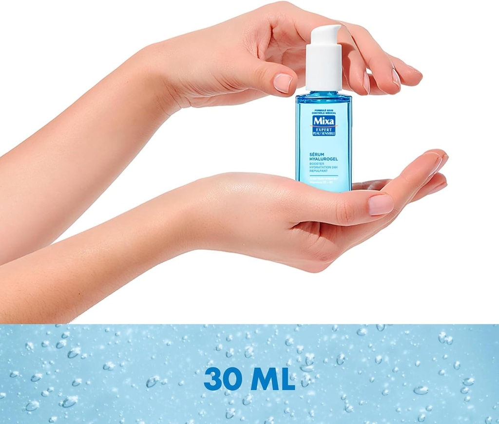Mixa - Sérum Booster d'Hydratation Hyalurogel - Pour Peaux Sensibles Déshydratées - Hydratant 24h, Repulpant - À l'Acide Hyaluronique Pur, Vitamines B3 + B5 - Hypoallergénique - 30 ml