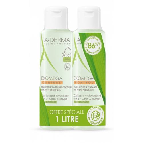 ADERMA EXOMEGA CONTROL BEBE Gel Lavant Emollient 2 en 1 - Lot de 2x500ML