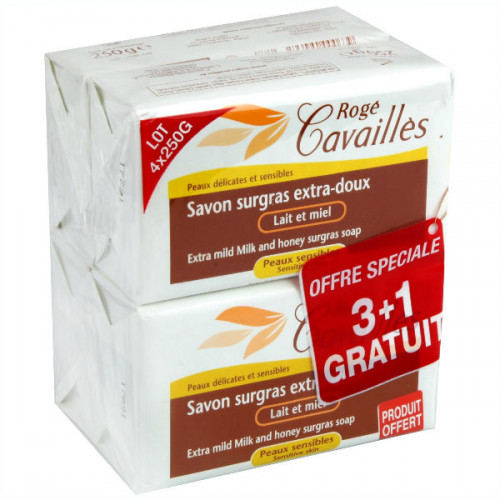  ROGÉ CAVAILLÈS  SAVON EXTRA DOUX Lait Et Miel Peaux Sensibles 250g - Lot de 3 + 1 Gratuit 